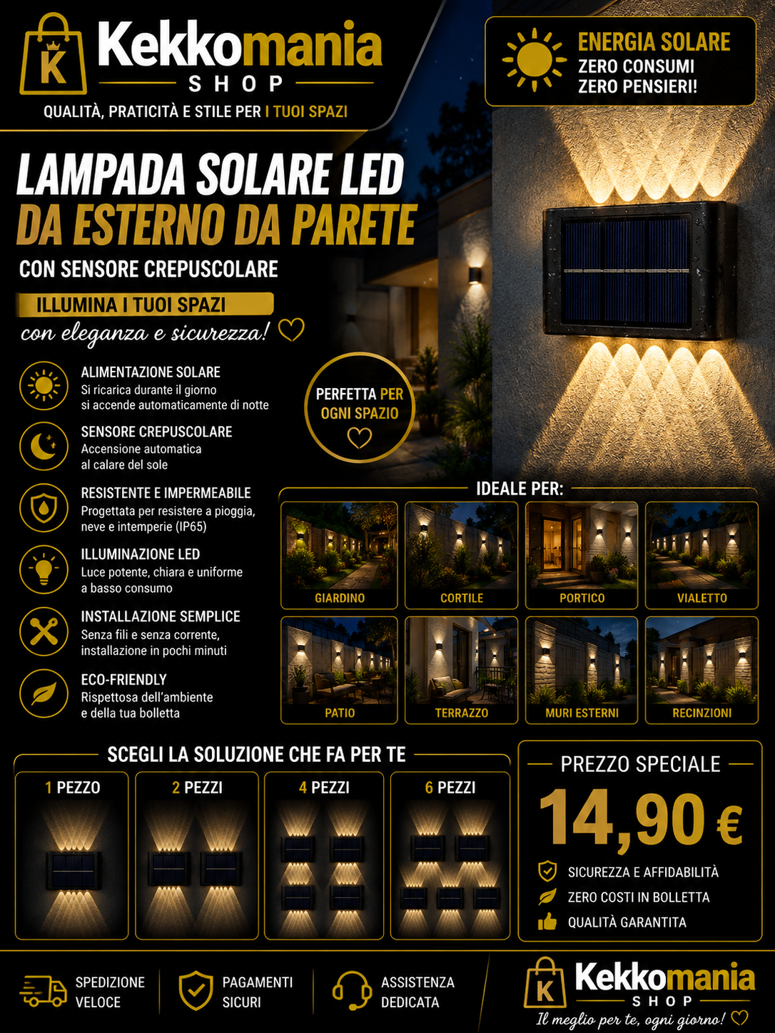 Lampada Solare LED da Esterno con Sensore Crepuscolare – Illuminazione da Parete | Kekkomania Shop