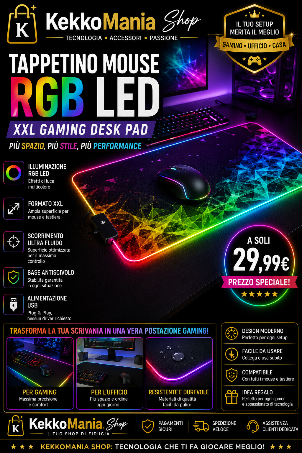 Tappetino Mouse Gaming RGB LED XXL – Desk Pad Illuminato | KekkoMania Shop