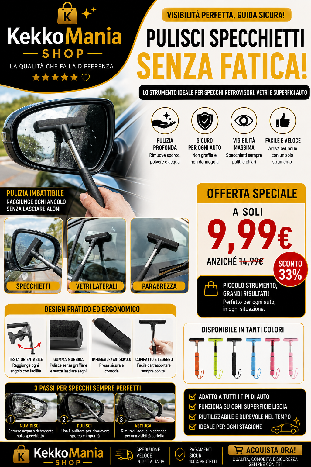 Pulisci Specchietti Auto Telescopico - Tergivetro per Specchietti Retrovisori con Manico Estensibile