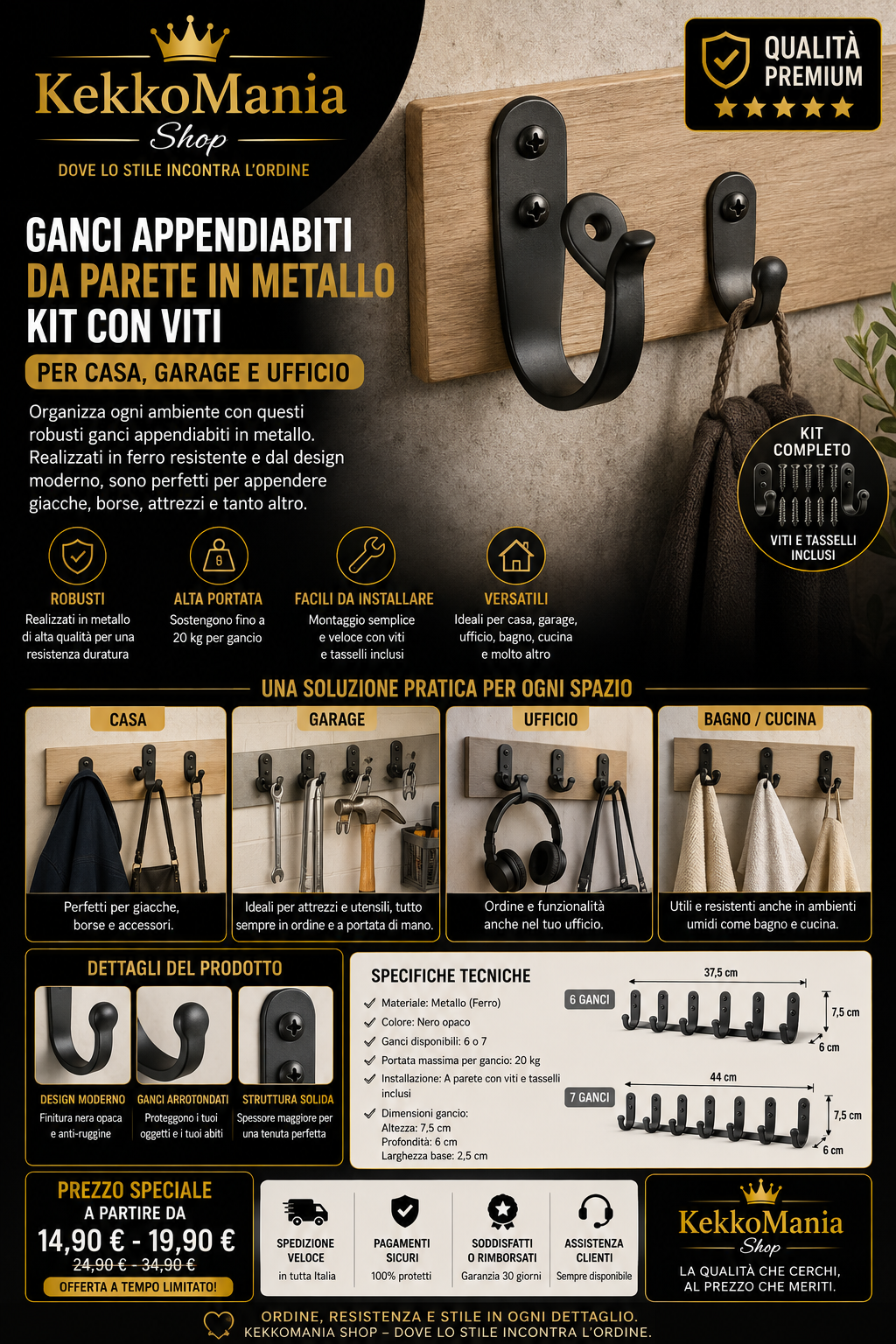 Metal Wall-Mounted Hooks – Kit with Screws for Home, Garage, and Office